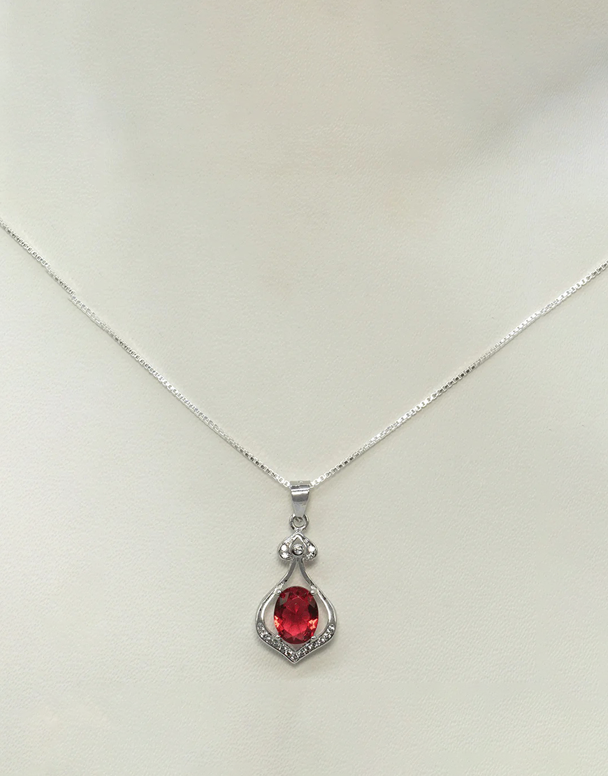 Silver Oval Solitaire CZ Necklace (Red)