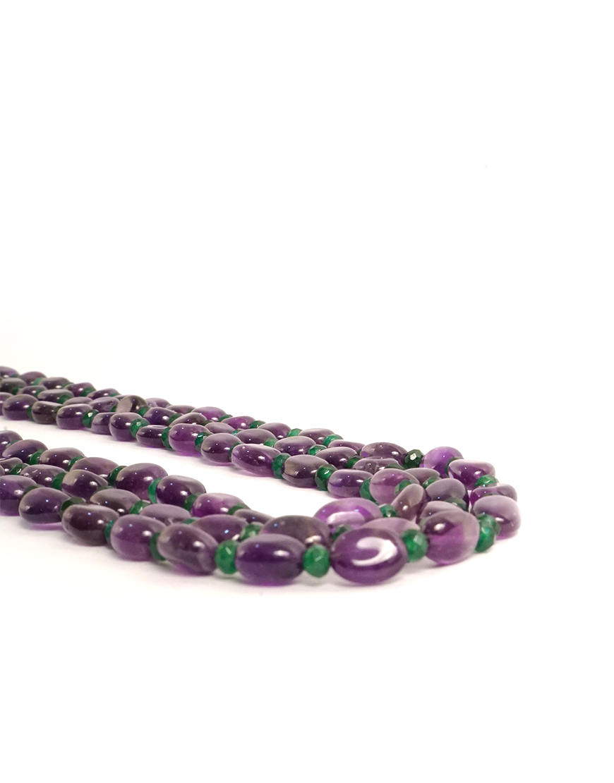Amethyst 3-Line Mala Necklace (With Green Beads)
