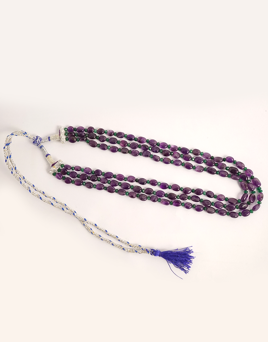 Amethyst 3-Line Mala Necklace (With Green Beads)