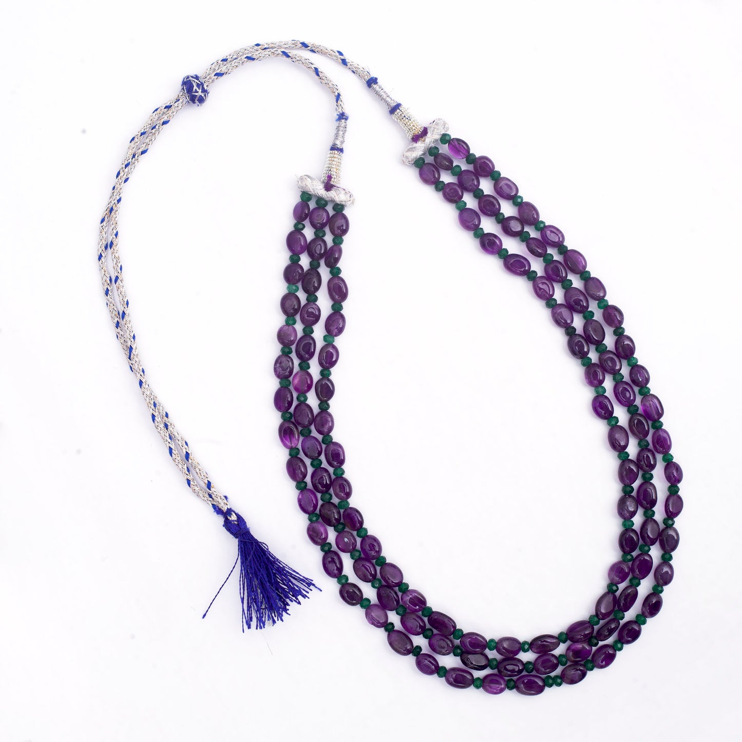 Amethyst 3-Line Mala Necklace (With Green Beads)