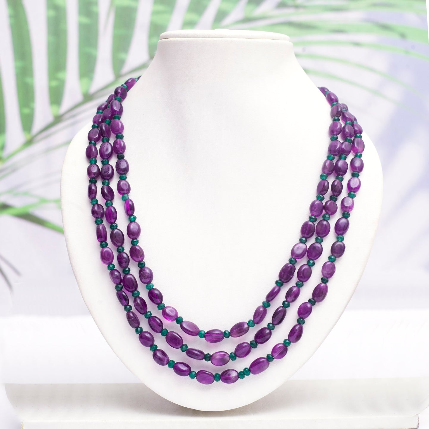 Amethyst 3-Line Mala Necklace (With Green Beads)
