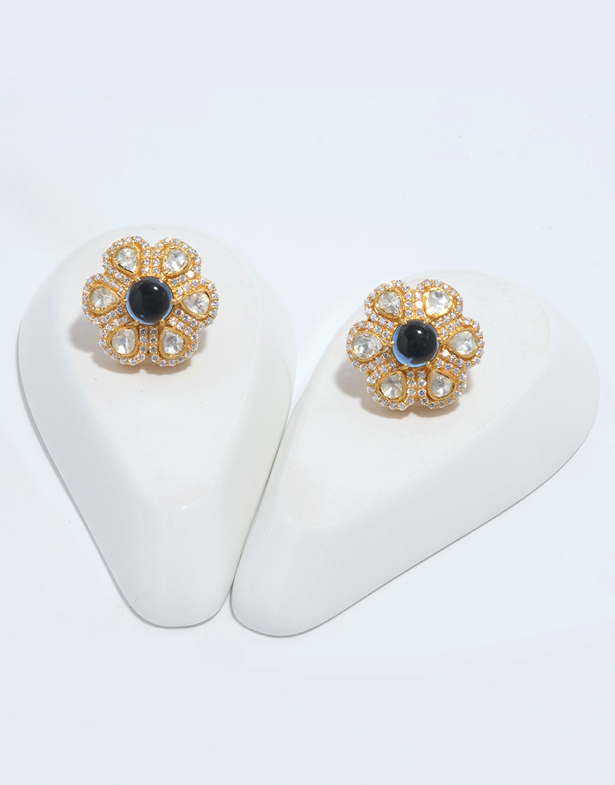 Kundan/Polki Silver Blue Floral Studs