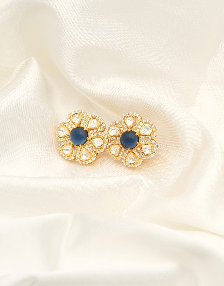 Kundan/Polki Silver Blue Floral Studs
