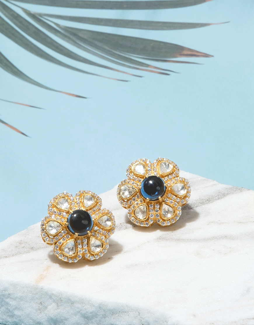 Kundan/Polki Silver Blue Floral Studs