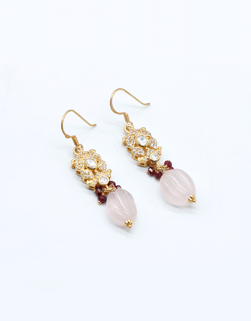 Kundan/Polki Pink Quartz Hanging Earrings