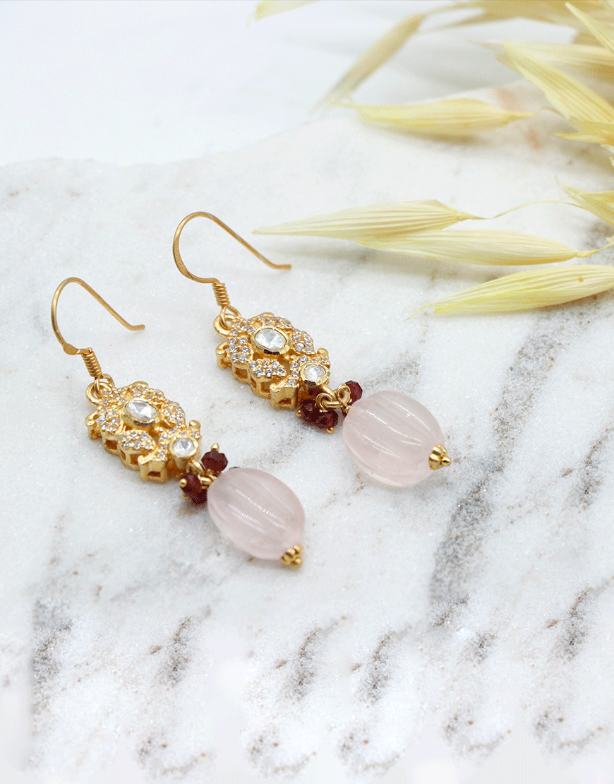 Kundan/Polki Pink Quartz Hanging Earrings