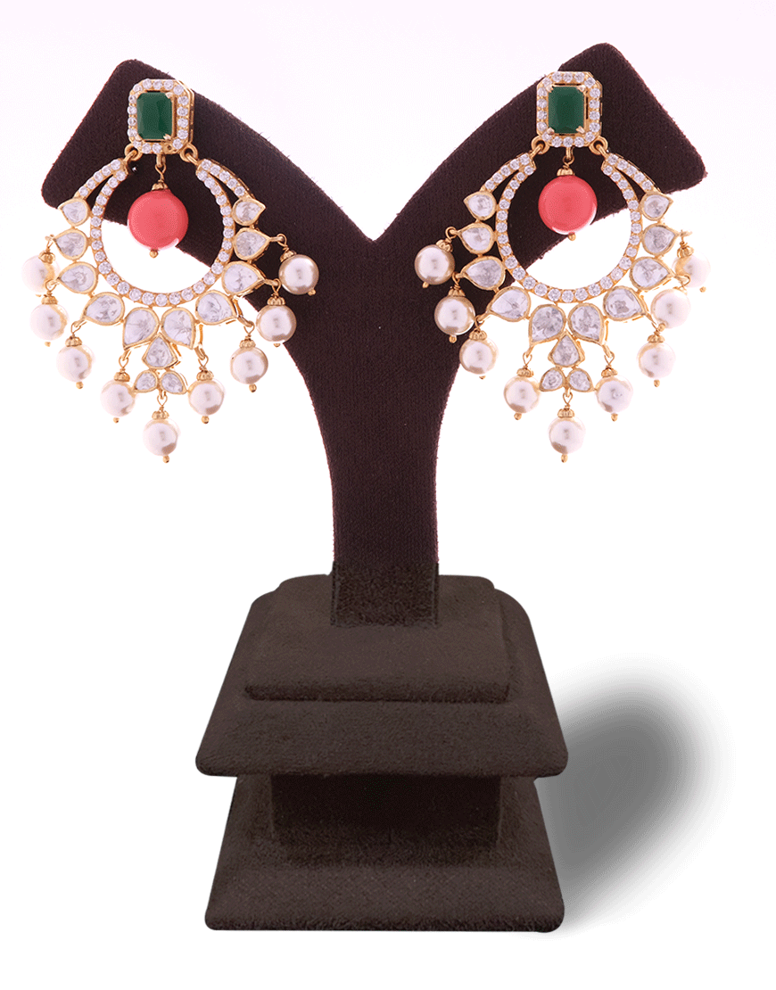 Kundan/Polki Silver Coral Chandbali