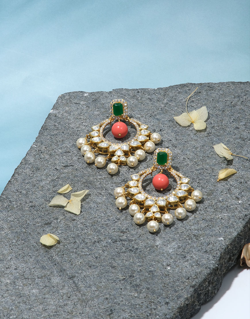 Kundan/Polki Silver Coral Chandbali