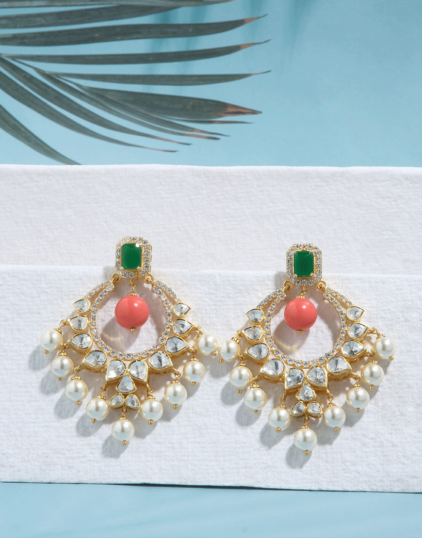 Kundan/Polki Silver Coral Chandbali