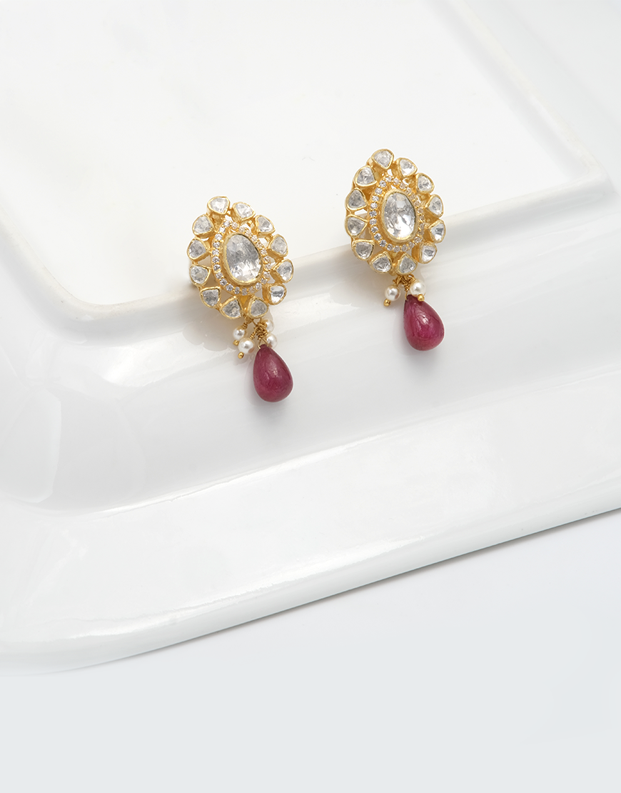 Kundan/Polki Ruby Drop Earrings