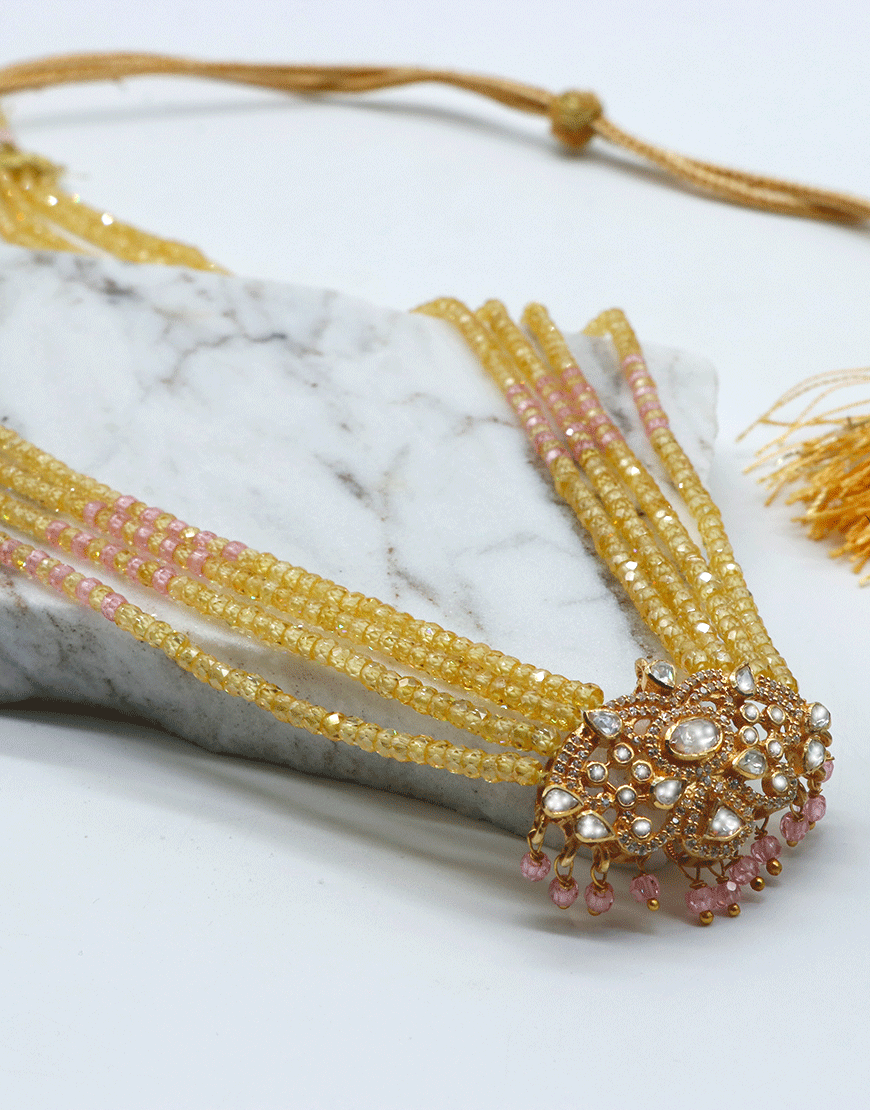 Moissanite Polki Pendant In Yellow Pink Beads Mala