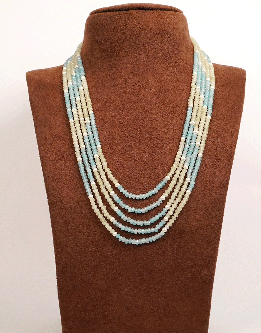Pearl Aqua 5-Line Beads Necklace