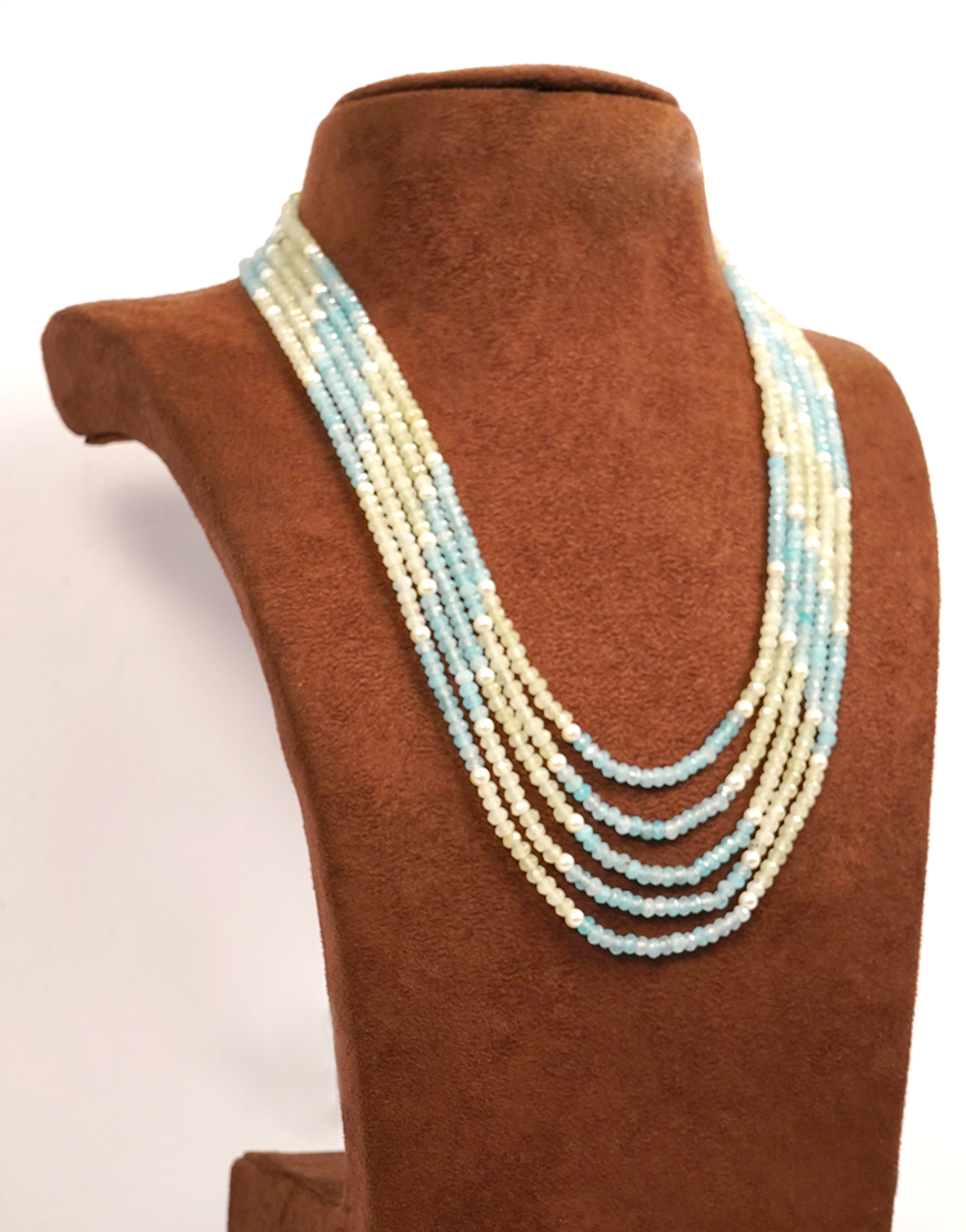 Pearl Aqua 5-Line Beads Necklace