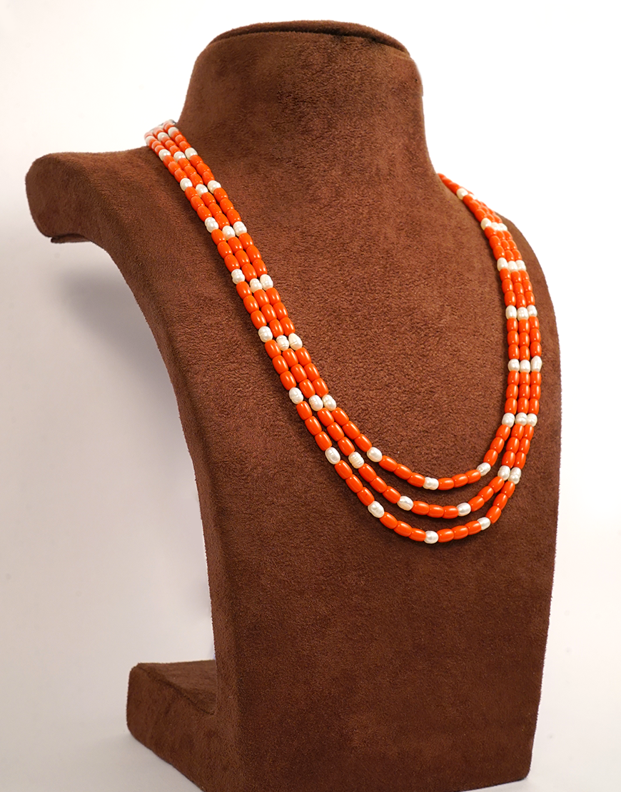 Pearl-Coral-3-Line-Mala Necklace