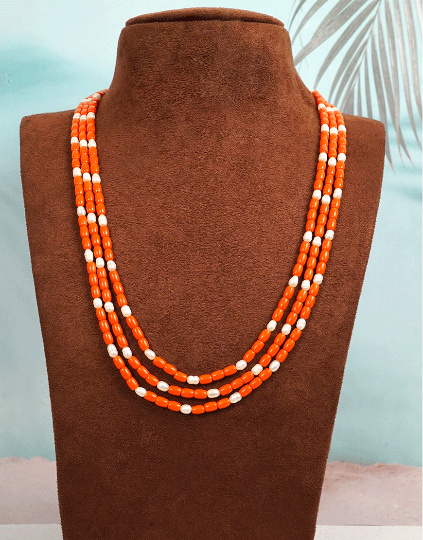 Pearl-Coral-3-Line-Mala Necklace