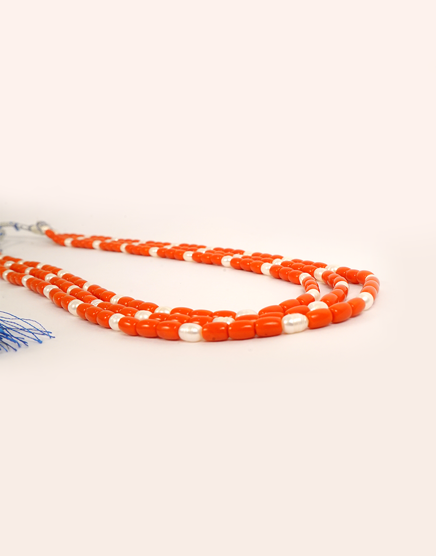 Pearl-Coral-3-Line-Mala Necklace