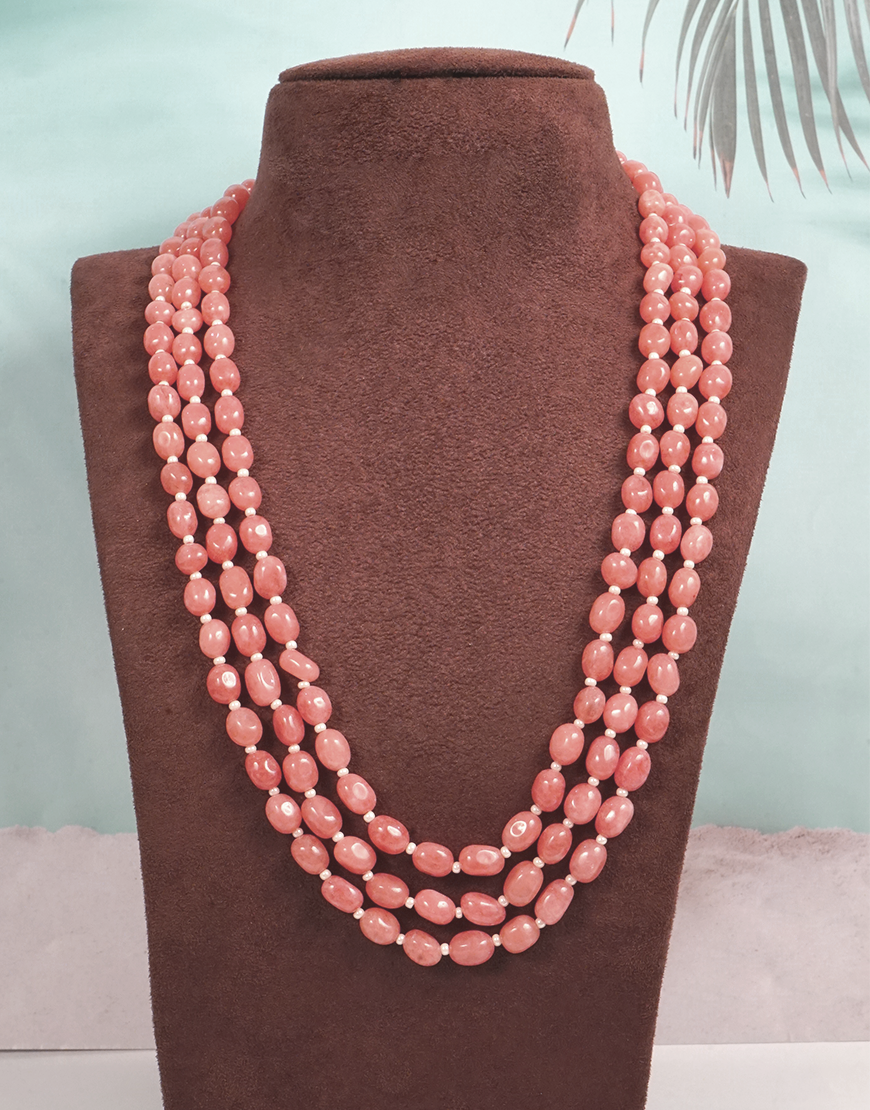 Pearl Jade 3-Line Mala Necklace (Pink)