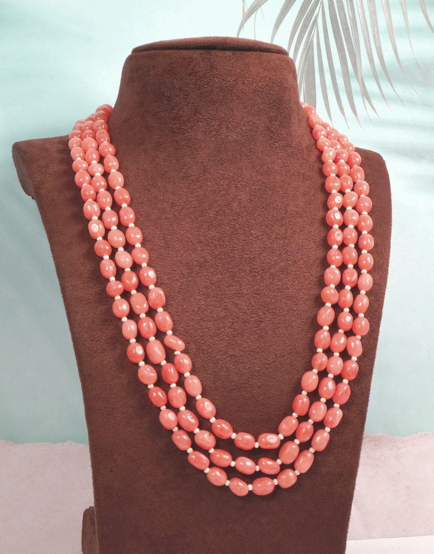 Pearl Jade 3-Line Mala Necklace (Pink)