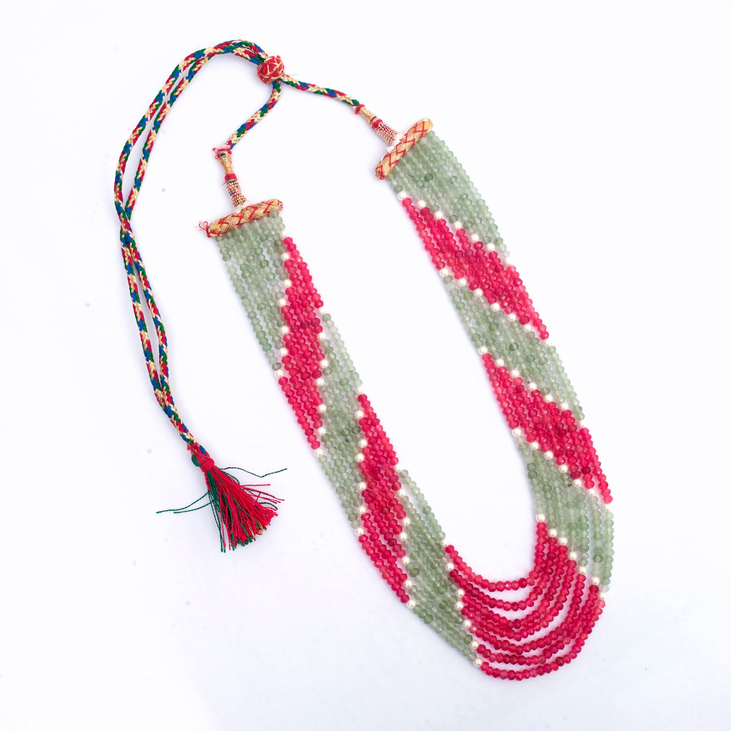 Pearl Jade 7-Line Mala Necklace (Fuschia-Green)