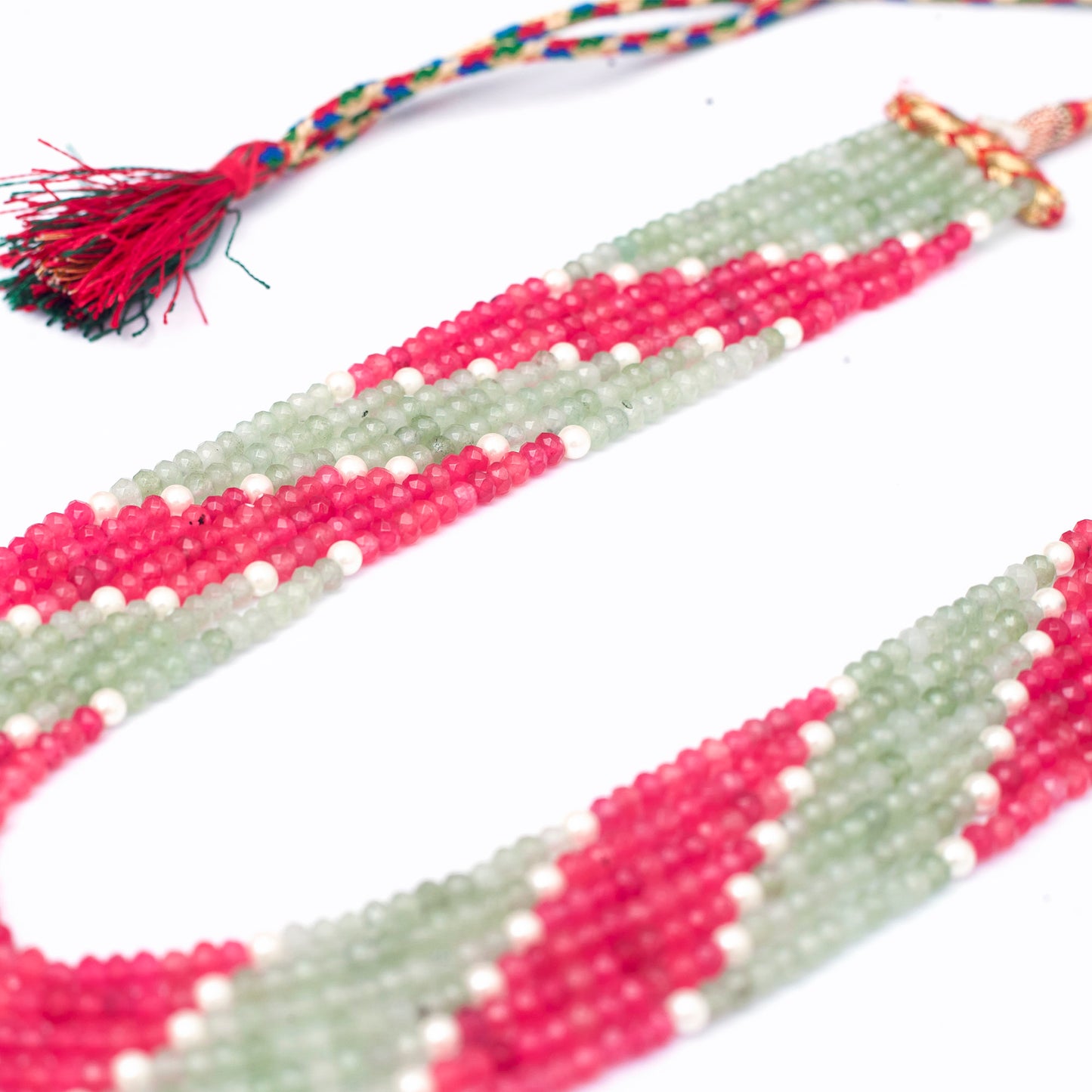 Pearl Jade 7-Line Mala Necklace (Fuschia-Green)
