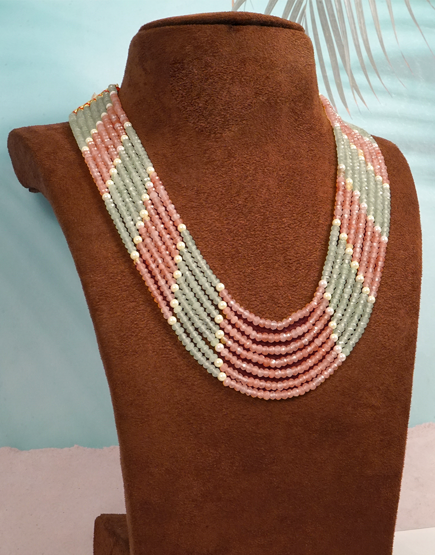 Pearl Jade 7-Line Mala Necklace (Pink-Green)