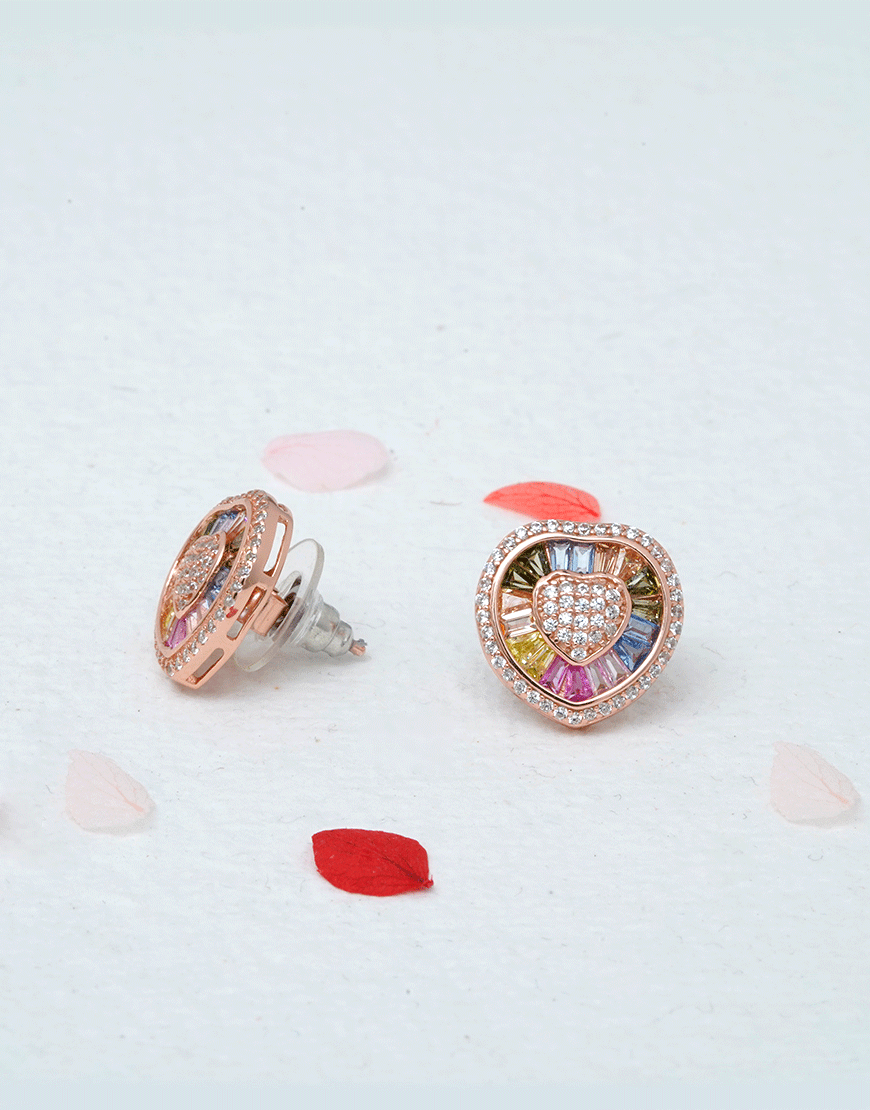 Rosegold Heart CZ Rainbow Studs