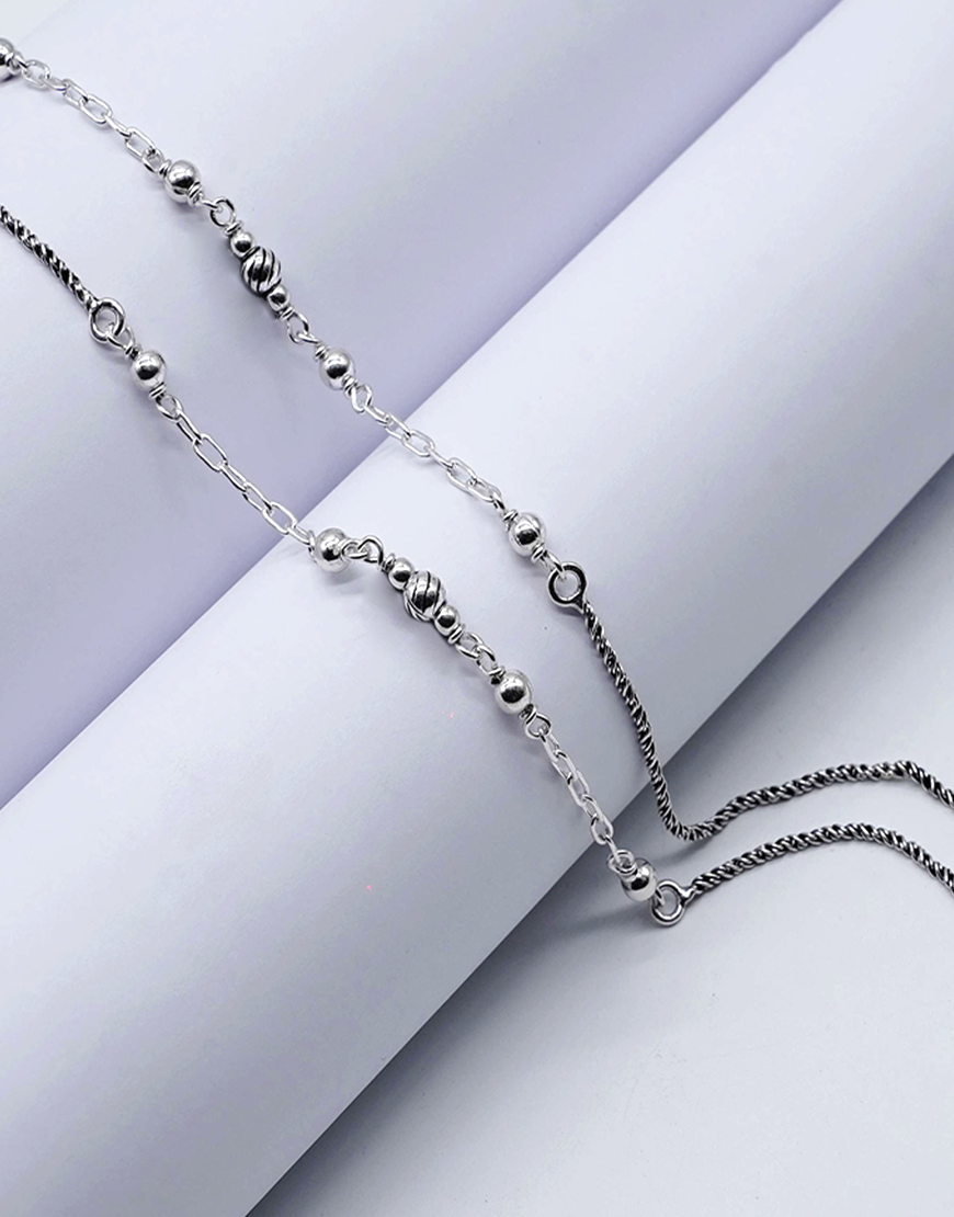 Silver Antique Link Chain Beads Anklet