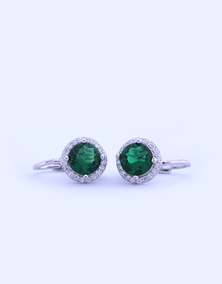 Silver CZ Emerald Round Drop Hoop