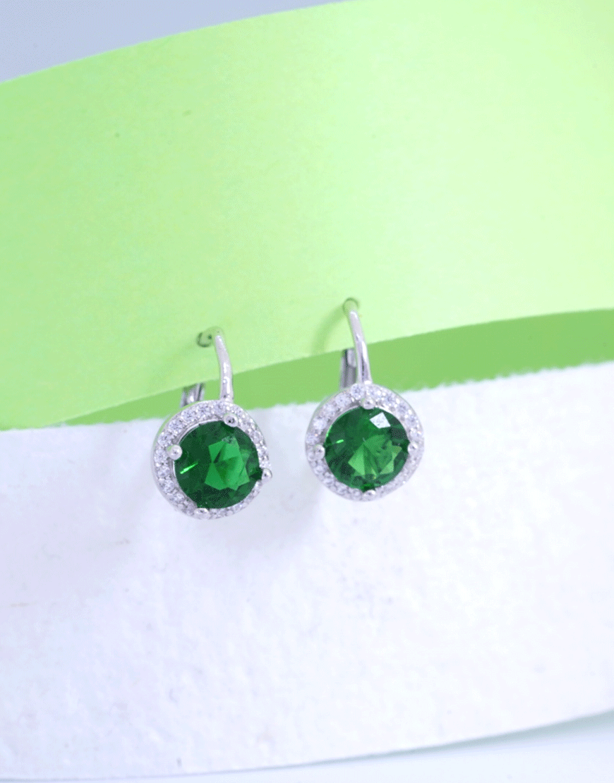 Silver CZ Emerald Round Drop Hoop