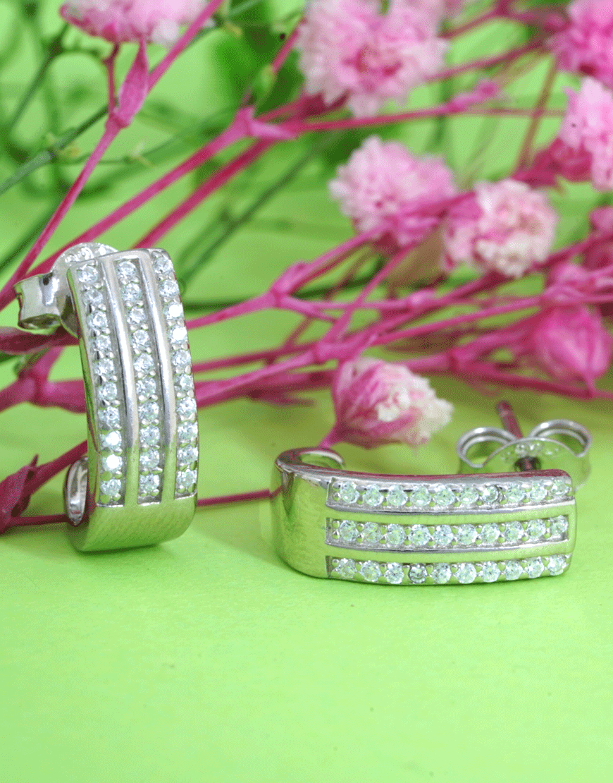 Silver Half-Hoop Earrings (3 CZ Lines)