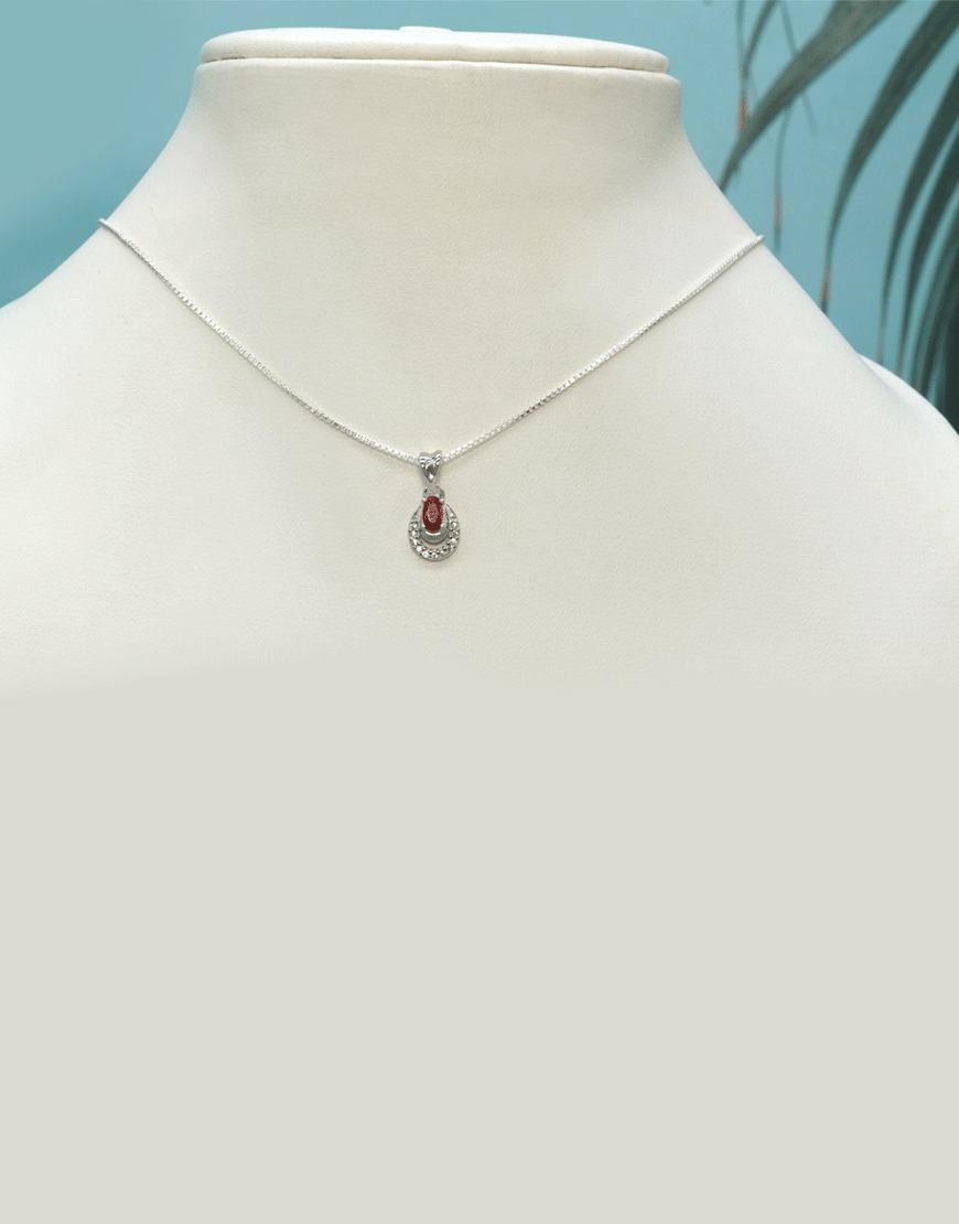 Silver Mini 2 Line Oval Pendant (Red)