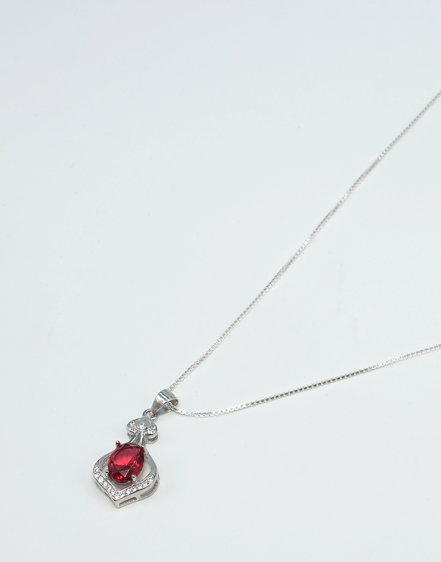 Silver Oval Solitaire CZ Necklace (Red)