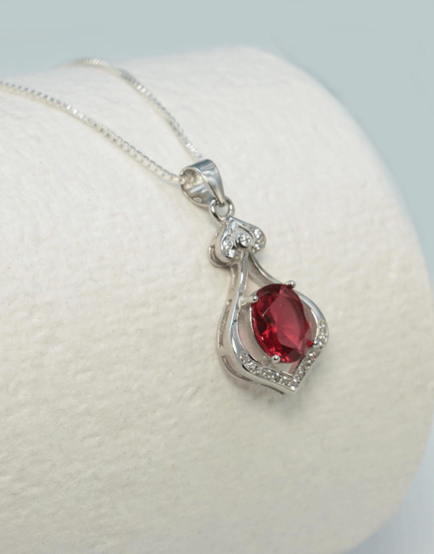 Silver Oval Solitaire CZ Necklace (Red)