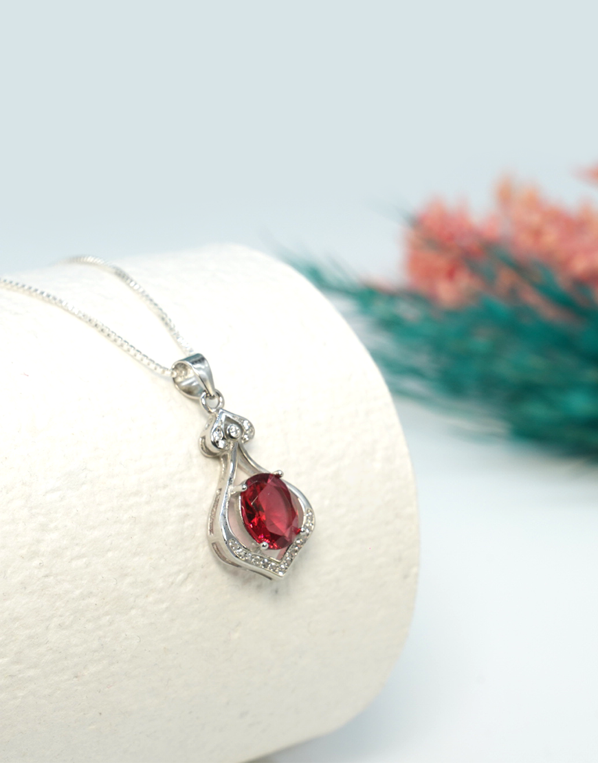 Silver Oval Solitaire CZ Necklace (Red)