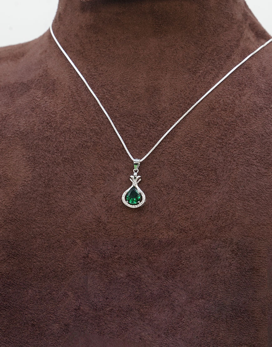 Silver Pear Coloured CZ Pendant (Green)