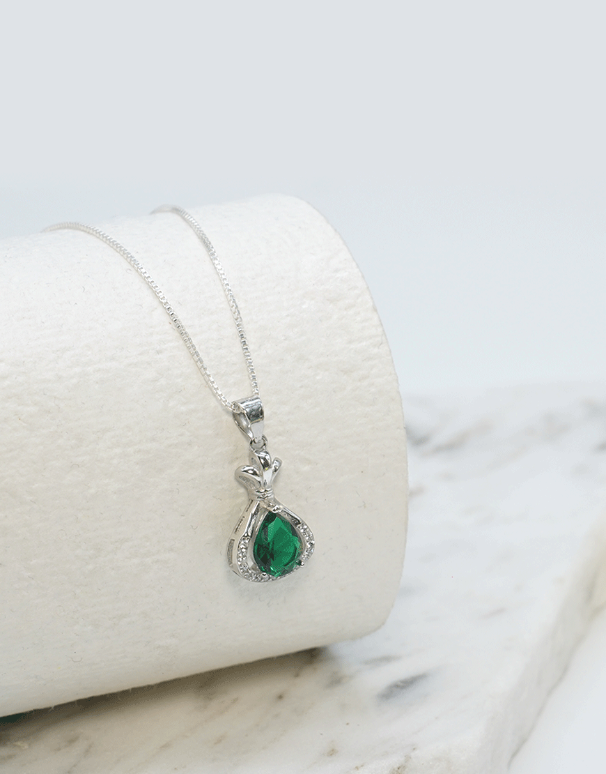Silver Pear Coloured CZ Pendant (Green)