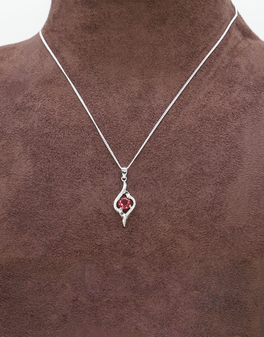 Silver Round Coloured CZ Pendant (Red)