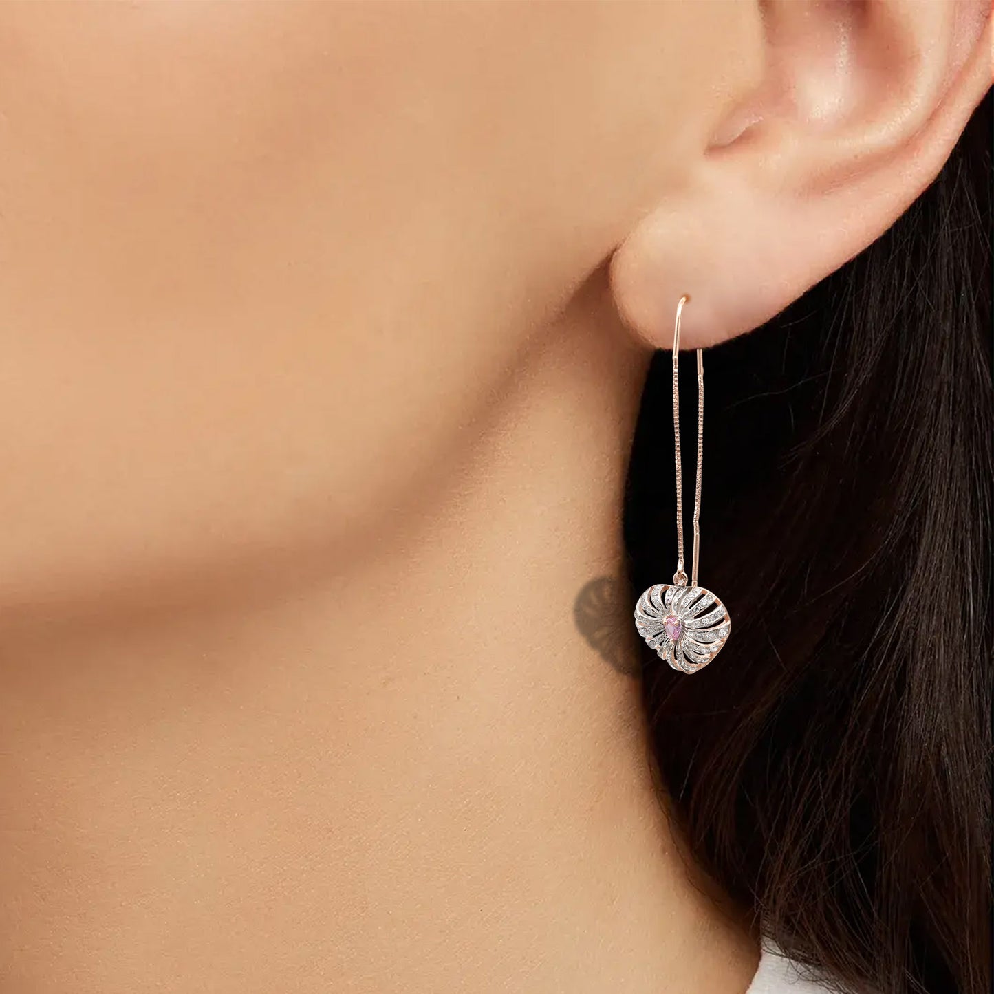 Silver Sui-Dhaga Leaf Earrings (Rosegold)