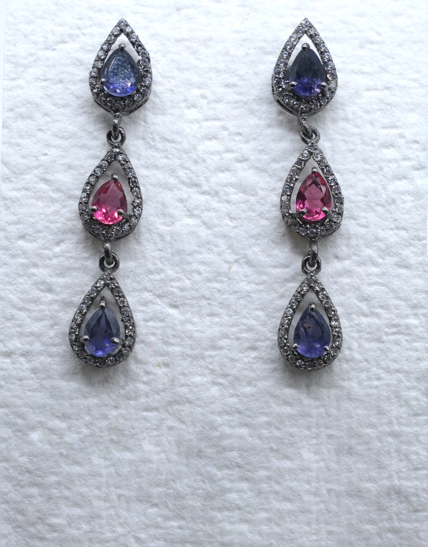 Antique Silver Sapphire Drop Earrings