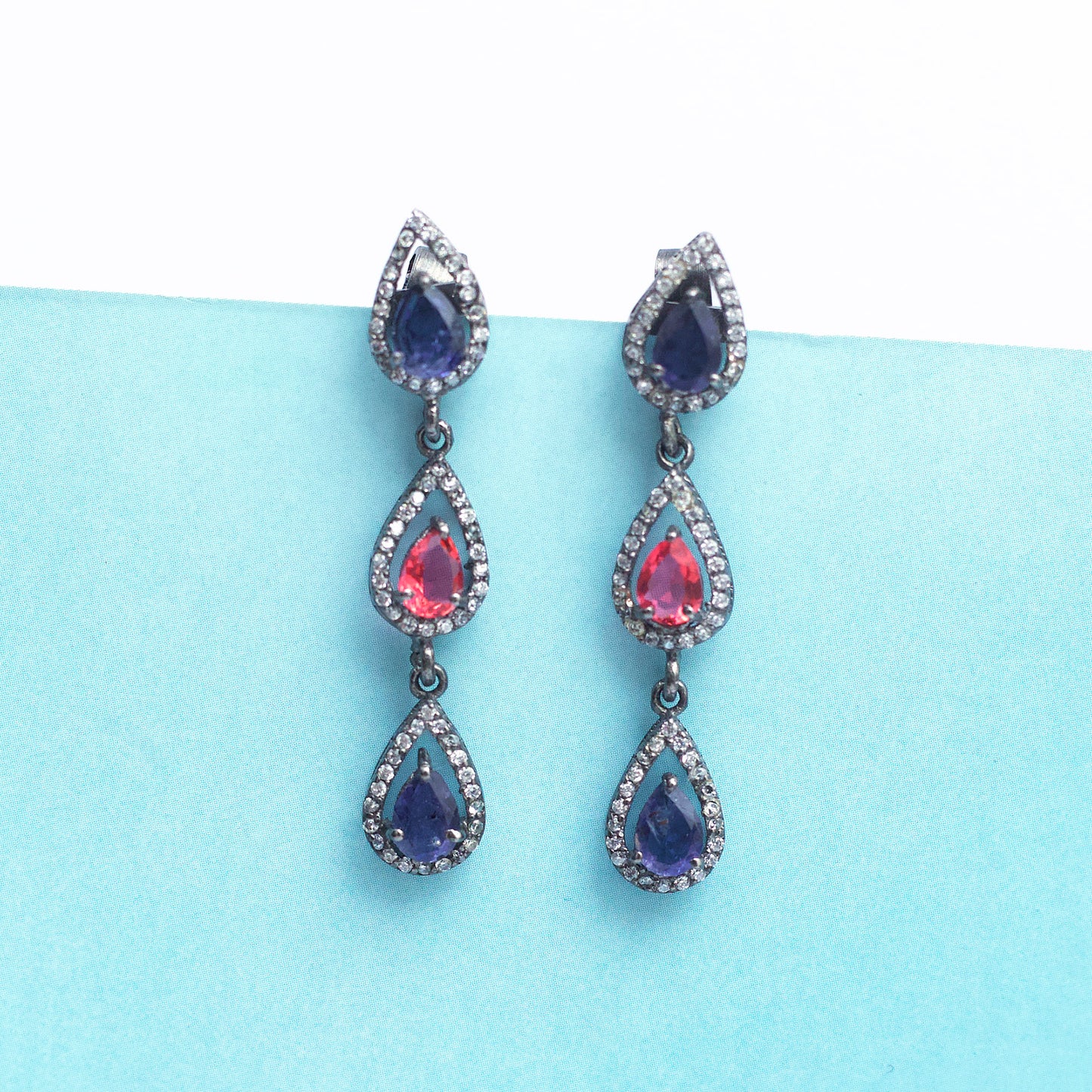 Antique Silver Sapphire Drop Earrings