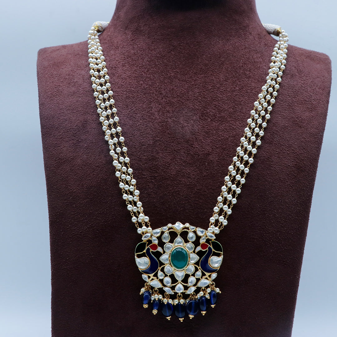 Kundan/Polki Blue Peacock Enamel Necklace