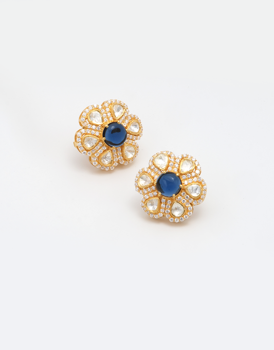 Kundan/Polki Silver Blue Floral Studs