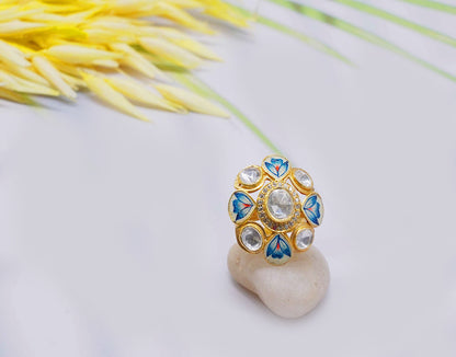 Kundan/Polki Adjustable Blue Enamel Ring