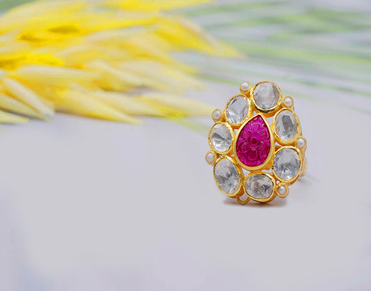 Kundan/Polki Adjustable Carved Ruby Ring