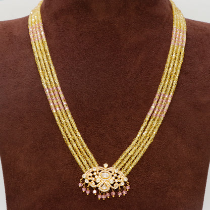 Moissanite Polki Pendant In Yellow Pink Beads Mala