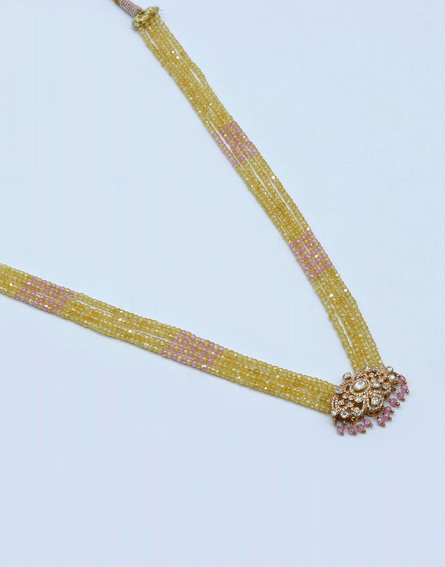 Moissanite Polki Pendant In Yellow Pink Beads Mala