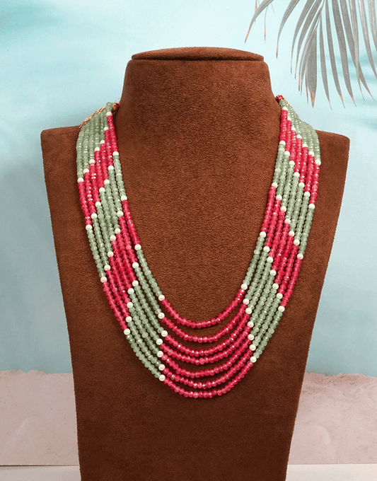 Pearl Jade 7-Line Mala Necklace (Fuschia-Green)