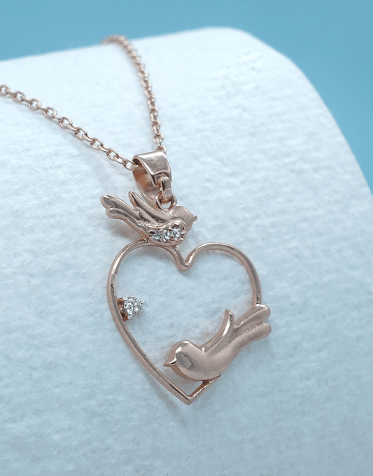 Silver 2 Birds Heart Necklace (Rosegold)