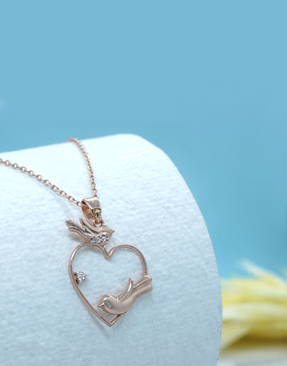 Silver 2 Birds Heart Necklace (Rosegold)