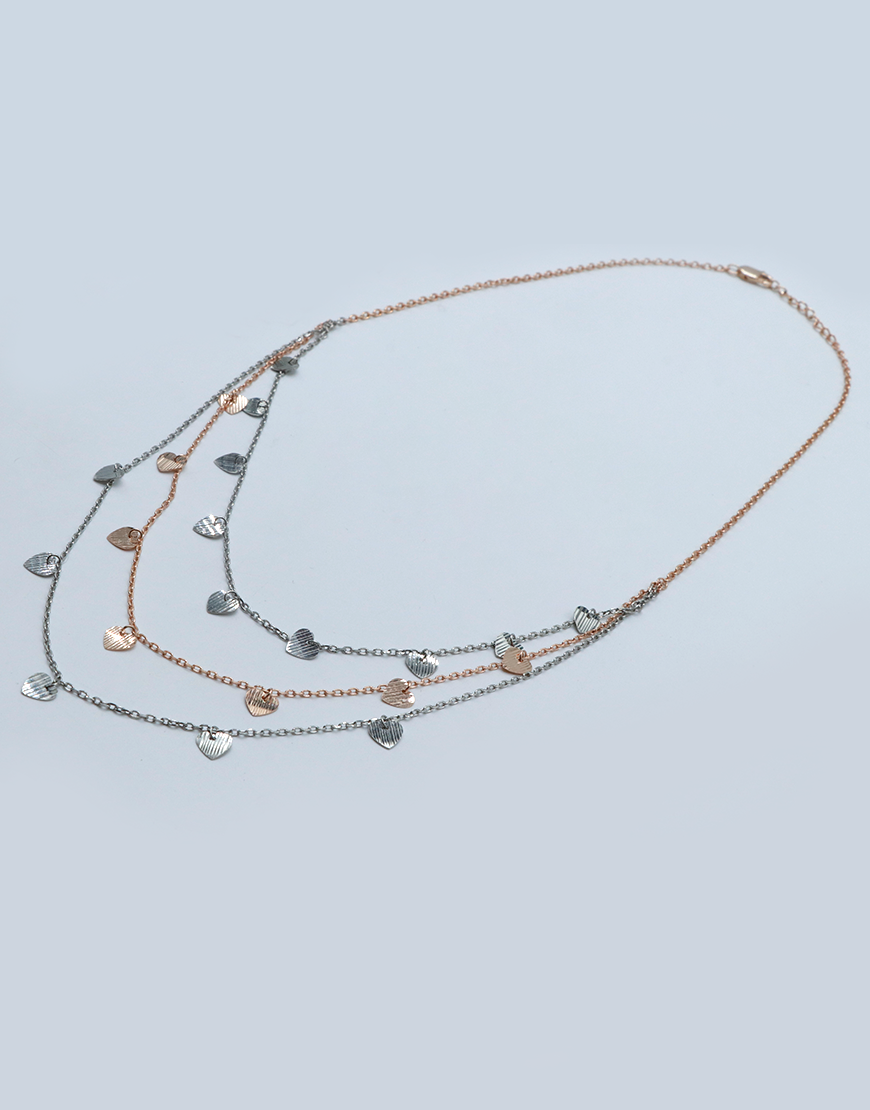 Silver 3-line Charm Layered Necklace (Hearts)